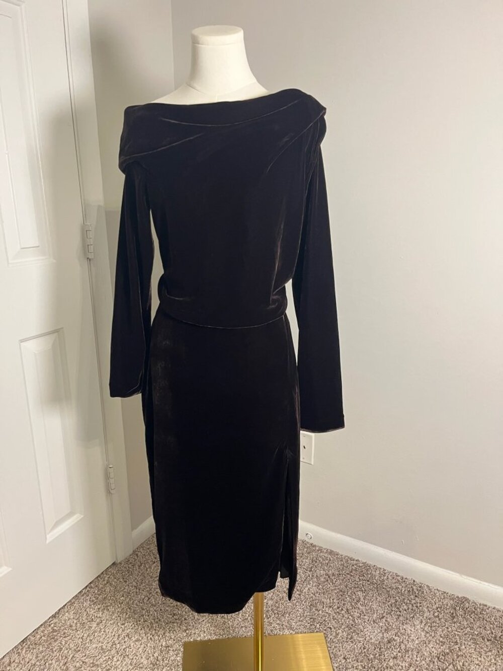 Theory Mink Velvet Asymmetric Off-Shoulder Midi Dress